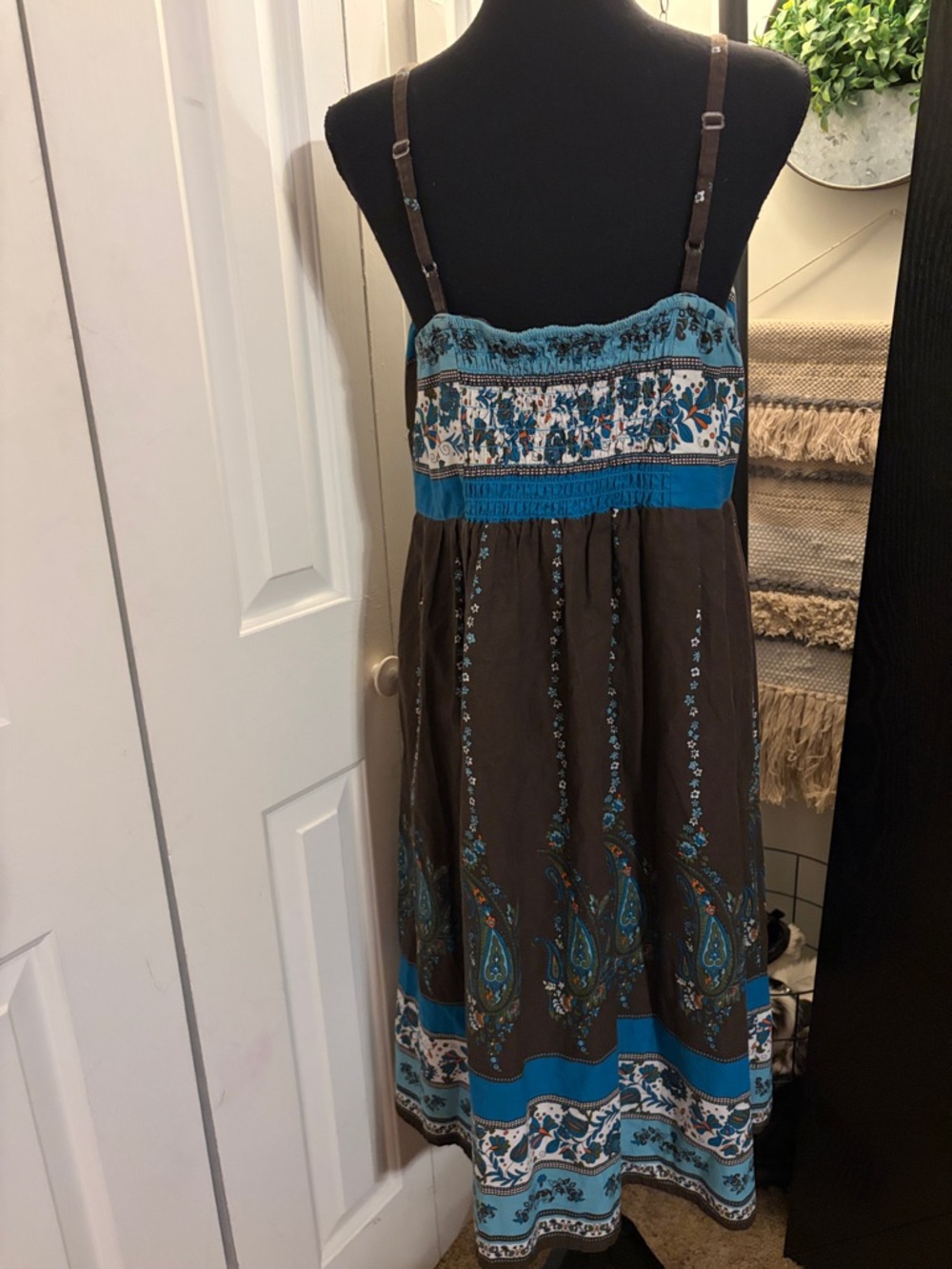 Boho V-Neck Brown and Turquoise Embroidered Midi Dress - Picture 2 of 8
